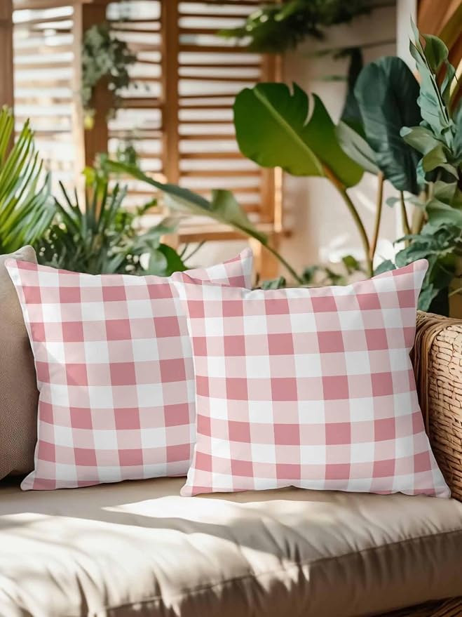 Waterproof Outdoor Pillow Set of 2 Pink Buffalo Plaid Decorative Throw Pillows Cover & Insert 18x18 Inch Pillowcase Check Lines Square Pillows for Couch Sofa Bed Patio Furniture Indoor Outdoor