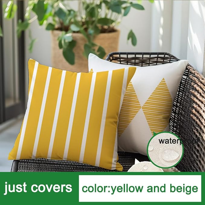 Outdoor Pillows Covers 18x18 Waterproof,Blue and Beige Set of 4(No Insert) | for Covered Patio Furniture Couch Sunbrella,No Insert Just Covers,Fit 18x18 inch Inserts or Smaller,Durable Polyester,Boho