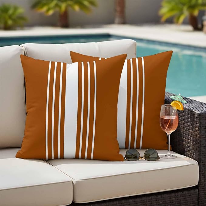 Burnt Orange White Stripe Outdoor Pillow Covers 18x18 Inch Throw Pillow Covers Set of 2 Waterproof Decorative Pillow Cases Modern Rustic Vertical Striped Cushion Covers for Patio Furniture Garden