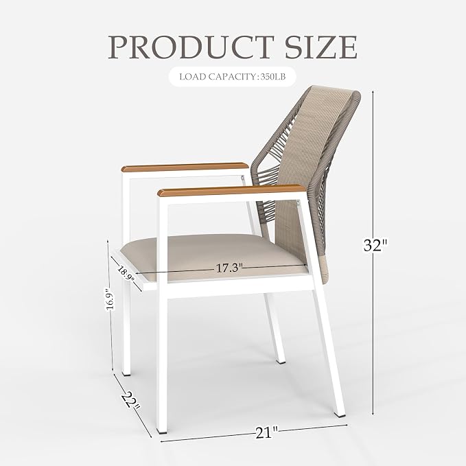 Aluminum Outdoor Patio Dining Chairs - Imitation Rope Vine Chair Ergonomic Backrest Design Detachable Seat Cushion Soft and Breathable Garden Porch, White 2Pcs