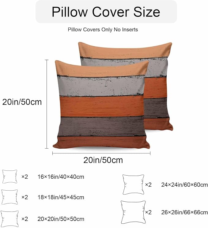 Outdoor Throw Pillow Covers 26X26 Set of 2 Waterproof Ombre Burnt Orange Gray Decorative Zippered Cushion Covers for Patio Furniture, Farmhouse Retro Rustic Barn Wood Texture Lumbar Pillowcases