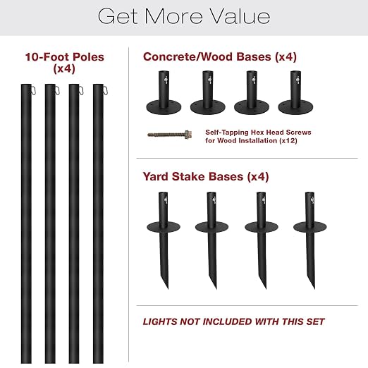 EXCELLO GLOBAL PRODUCTS Bistro String Light Poles - 4 Pack - Extends to 10 Feet - Universal Mounting Options Included