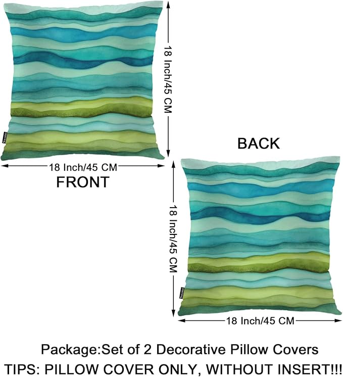 Swono Home Decorative Throw Pillow Covers Blue Green Waves, Watercolor Striped Wavy Marble Set of 2 Modern Pillow Case Cushion Cover for Sofa Couch Bed Farmhouse Pillows Covers Decor 18x18 Inch