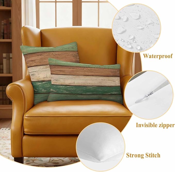 Farmhouse Dark Sage Green Brown Outdoor Waterproof Pillow Covers, Vintage Wooden Striped Decorative Square Throw Pillowcase Sofa Cushion Sham for Patio/Couch/Chair, 24"x24" 2 Pack