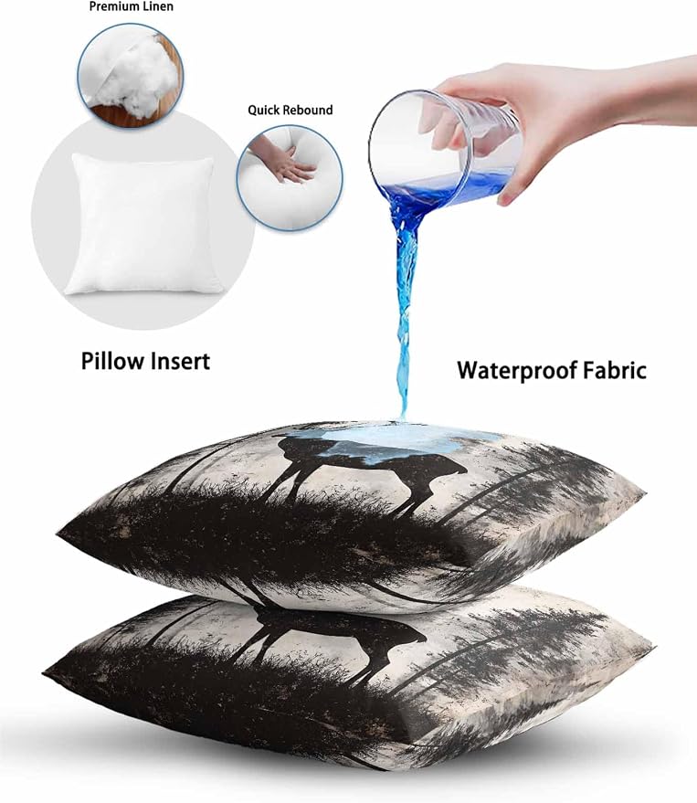 Outdoor Pillows Waterproof, Forest Deer Bedding Throw Pillows with Insert for Couch Sofa Bed, Rustic Country Wildlife Woodland Black Beige 16x16 Inch Pillowcases Camping Patio Pillow Set of 2