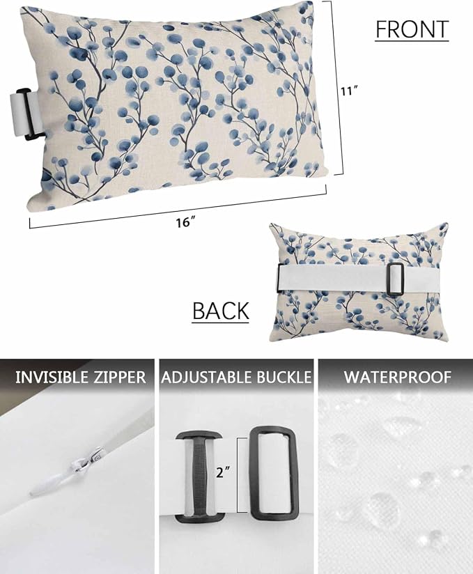 Pack of 2 Outdoor Lumbar Cushions with Inserts, Spring Flower Branch Tree Plant Linen Background Waterproof Fluffy Fade Body Pillows, Patio Furniture Pillow for Home Balcony Garden Decor 11x16IN