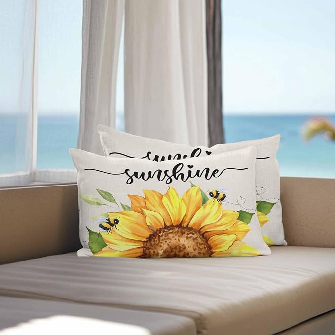 Vintage Yellow Sunflower Bee Outdoor Throw Pillow Covers Set of 2,Decorative Waterproof Pillowcase, Rustic Botanical on Linen Cushion Case for Patio Garden Couch Sofa Tent Bed 20x12 Inches