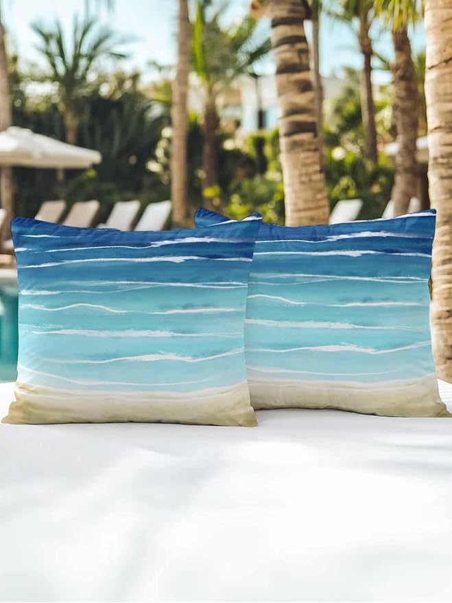 Set of 2 Outdoor Pillows Waterproof, Blue Beige Ombre Indoor/Outdoor Throw Pillows with Inserts, Coastal Nautical Summer Beach Wave Decorative Pillow for Patio Furniture Chairs Couch 16"x16"