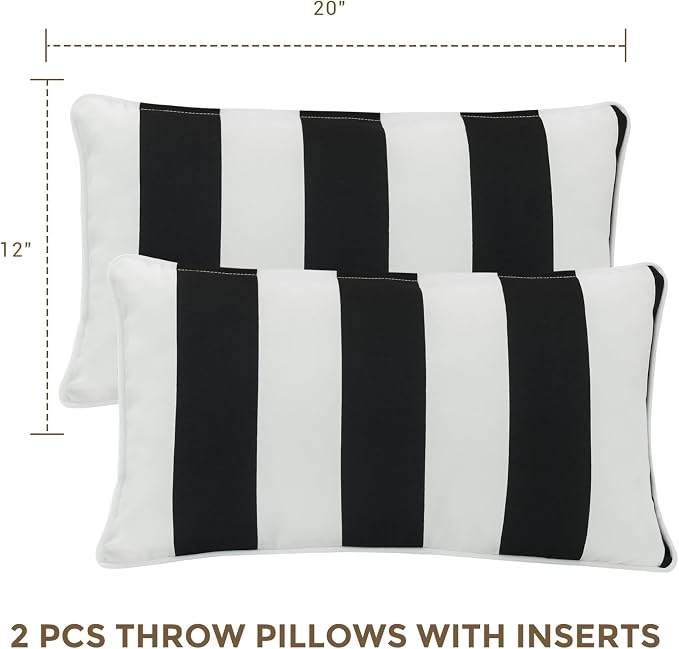 Lumbar Pillow with Insert, Set of 2, Outdoor Indoor Waterproof Decorative Patio Lumbar Pillow 12x20 Inch, Rectangular Cushion for Couch Sofa Garden Farmhouse Decoration-Black White Stripe
