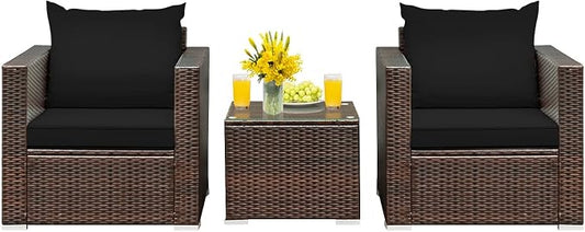 HAPPYGRILL 3PCS Patio Furniture Set Rattan Wicker Sofa Set with Cushions and Coffee Table Outdoor Patio Conversation Set for Garden Poolside Balcony