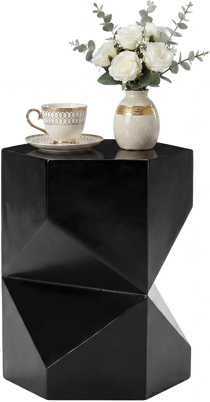 HOMPUS Outdoor Side Table Polygonal, Concrete End Table Hexagonal w Gloss Finish, Patio Accent Table Modern Design Home Decor, MgO Coffee Table for Living Room, Garden, Backyard, Black