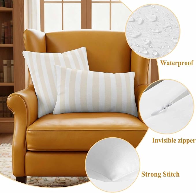Cream Striped Outdoor Waterproof Throw Pillow Covers 18x18 Set of 2, Modern Farmhouse Cream White Stripes Decorative Pillowcases Cushion Pillowcase for Couch Sofa Patio Outside Pillow Protector