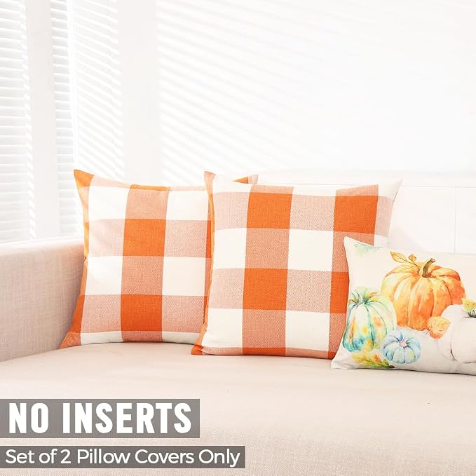 Outdoor Fall Decor Orange Buffalo Plaid Pillow Covers 18x18 for Front Porch | Set of 2, Durable Polyester Fabric, Fade-resistant for Outdoor Porch Patio Furniture,Autumn Fall Decorations for Home Bedroom