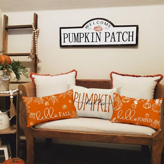 RABUSOFA Fall Pillow Covers 12x20 Inch Set of 2 Thanksgiving Autumn Orange Hello Pumpkin Maple Leaf Lumbar Harvest Outdoor Throw Cushion Cases Seasonal Fall Farmhouse Decorations for Home Couch Patio