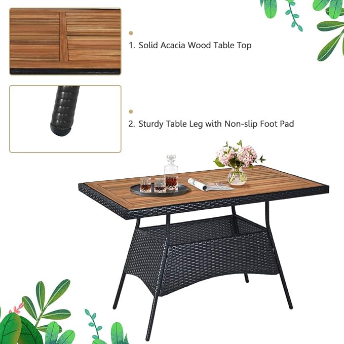 HAPPYGRILL 5-Pieces Patio Rattan Dining Set Outdoor Wicker Bistro Table Set with Acacia Wood Tabletop & Cushioned Chairs, Dining Furniture Set for Backyard Porch Dining Room Kitchen