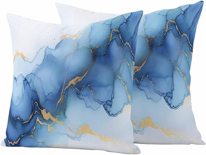 Abstract Marble Texture Outdoor Waterproof Throw Pillow Covers Set of 2, 24"x24", Gold Blue Gradient Modern Art Decoration Decorative Pillow Covers Outside Cushion Case for Patio Porch Garden