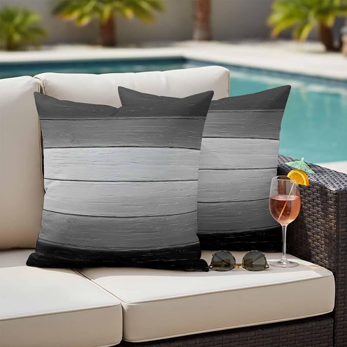 Black Gray Outdoor Pillow Covers 16x16 Inch Throw Pillow Covers Set of 2 Waterproof Decorative Pillow Cases Farmhouse Vintage Gradient Wooden Plank Cushion Covers for Patio Furniture Garden Couch Sofa