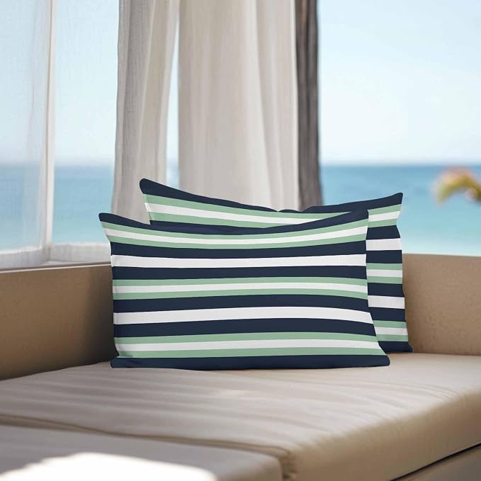 Green Navy Blue Striped Outdoor Pillow Covers Waterproof, All Weather Cushion Case Set of 2, Chic Abstract Lines Geometric Lumbar Pillowcase for Sofa Couch Bed Decor Patio Furniture 20"x12"