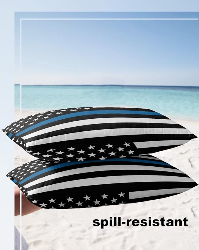 Outdoor Waterproof Pillow Covers Set of 2, Thin Blue Line Flag American Police Flag Honoring Law Enforcement Officers Patio Throw Pillow Covers, Decorative Cushion Case for Sofa Furniture, 20x12 Inch