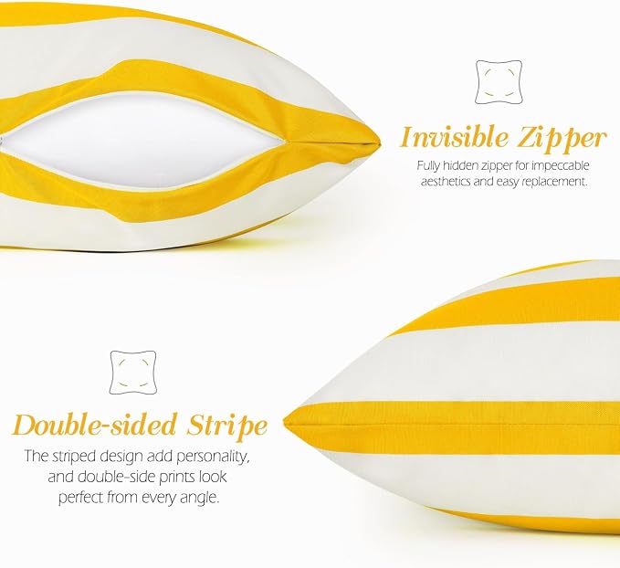 Lewondr 2 Pack Outdoor Throw Pillow Covers, 18"x18", Yellow + White | Square Stripe, Waterproof, For Outdoor Patio Porch Farmhouse Garden Balcony Couch, 45x45cm