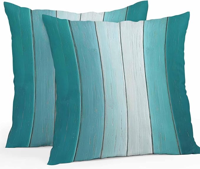 Throw Pillow Covers 18x18 Inch Set of 2, Aqua Ombre Waterproof Outdoor Cushion Covers, Vintage Country Wooden Decorative Pillowcases for Couch, Sofa, Bed, Garden, Patio