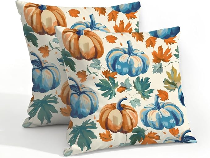 20x20 Inch Outdoor Pillow Covers Set of 2 Waterproof Throw Pillow Covers Decorative Couch Cushion Covers Blue Pumpkin Fall Leaf Square Pillowcases Protectors for Patio Garden Sofa