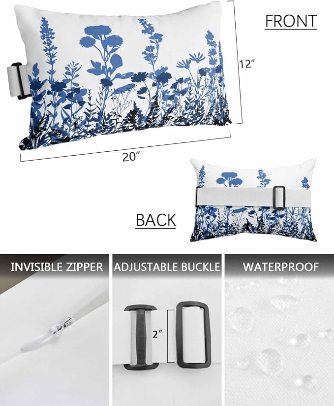 Outdoor Lumbar Cushions with Inserts, Classic Navy Blue Gradient Black Flower Silhouette Waterproof Fluffy Fade Body Pillows, Patio Furniture Pillow for Home Balcony Garden Decor 12x20IN