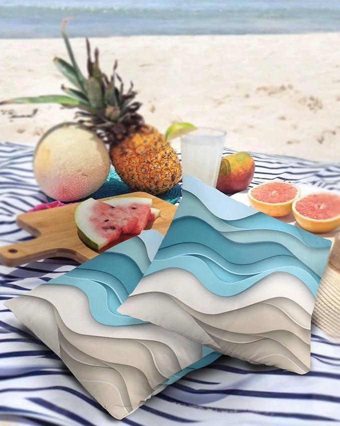 Pack of 2 Ombre Blue Brown Outdoor Pillow Waterproof Covers 24x24 inch, Abstract Wave Polyester Throw Pillow Covers Garden Cushion Decorative Case for Patio Couch Decoration