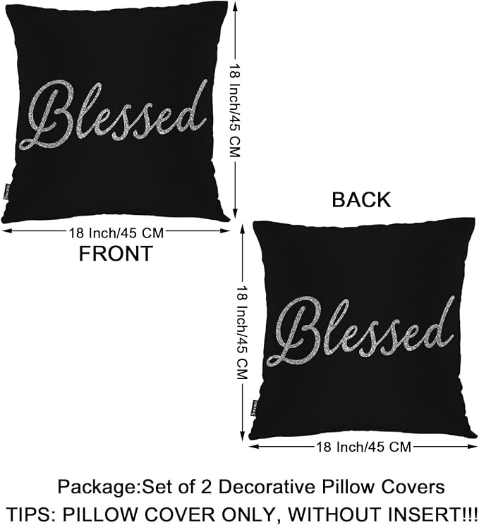 Swono Throw Pillow Covers Blessed, Bible Verse Blessed Accent Cushion Covers Decorative Pillowcase for Men Women, Christian Quote Sofa Bed Pillows Covers 18x18 Inch, Set of 2, Sparkling Black
