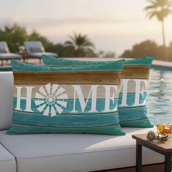 Outdoor Pillow Covers Set of 2, Home Windmill Farmhouse Wooden Decorative Throw Pillow Covers 20X12IN, Farm Teal Wood Board Throw Pillows Protector Cushion Case for Patio,Couch,Sofa,Garden