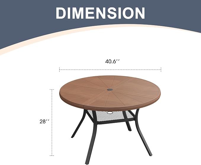 VICLLAX Round Patio Dining Table, 4 Person Aluminum Outdoor Dining Table with Umbrella Hole and Storage Shelf for Garden Lawn Deck, 40.6" Walnut