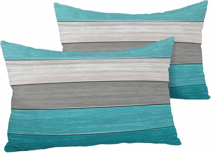 Outdoor Throw Pillow Covers 12X20 Set of 2 Waterproof Ombre Aqua Blue Gray Decorative Zippered Cushion Covers for Patio Furniture, Farmhouse Retro Rustic Barn Wood Texture Lumbar Pillowcases