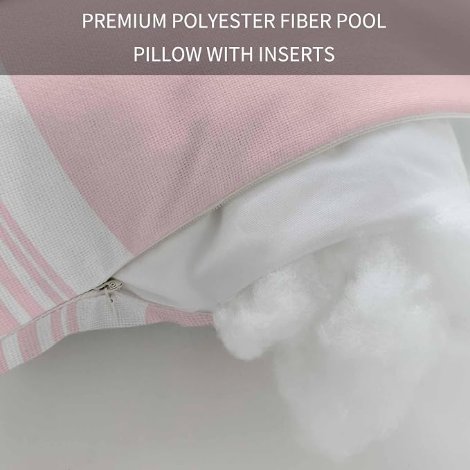 Outdoor Lumbar Pillow Set of 2, Farmhouse Pink Waterproof Beach Headrest Pillow with Inserts, Aesthetic Modern Line Striped Recliner Throw Pillows for Patio Furniture, 11 x 16