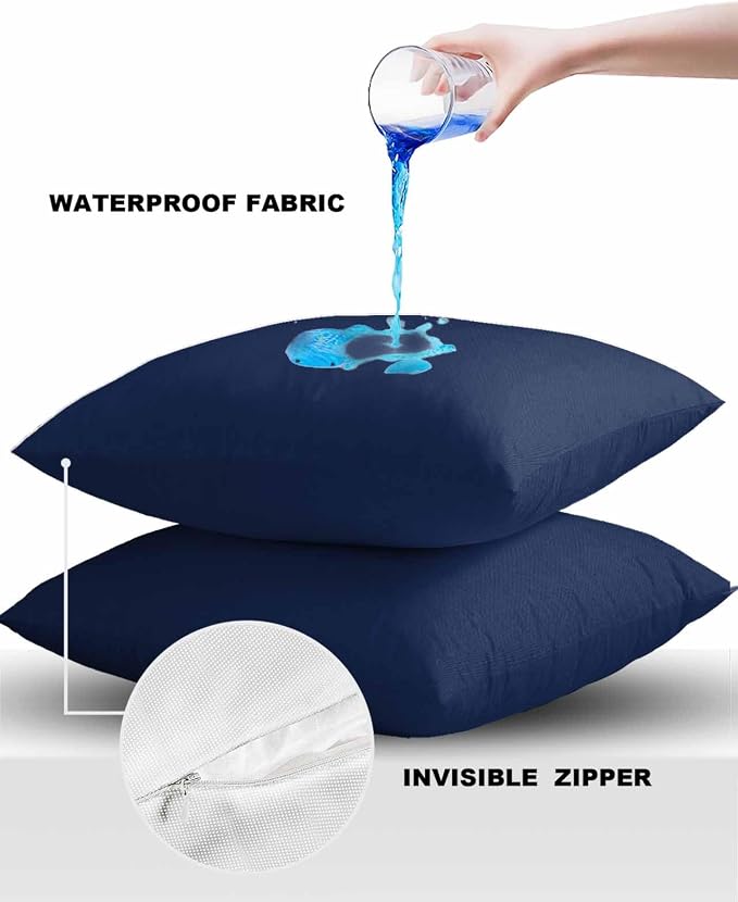 Outdoor Waterproof Throw Pillow Covers Set of 2 Navy Blue Pillowcases 18x18 Inches Solid Color Patio Decorative Pillows Cushion Case Patio Pillows for Couch Bed Chair Garden
