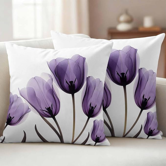 Spring Purple Outdoor Waterproof Throw Pillow Covers Set of 2, 24"x24", Flowers Image of Tulips Floral Decorative Pillow Covers Outside Cushion Case for Patio Porch Garden