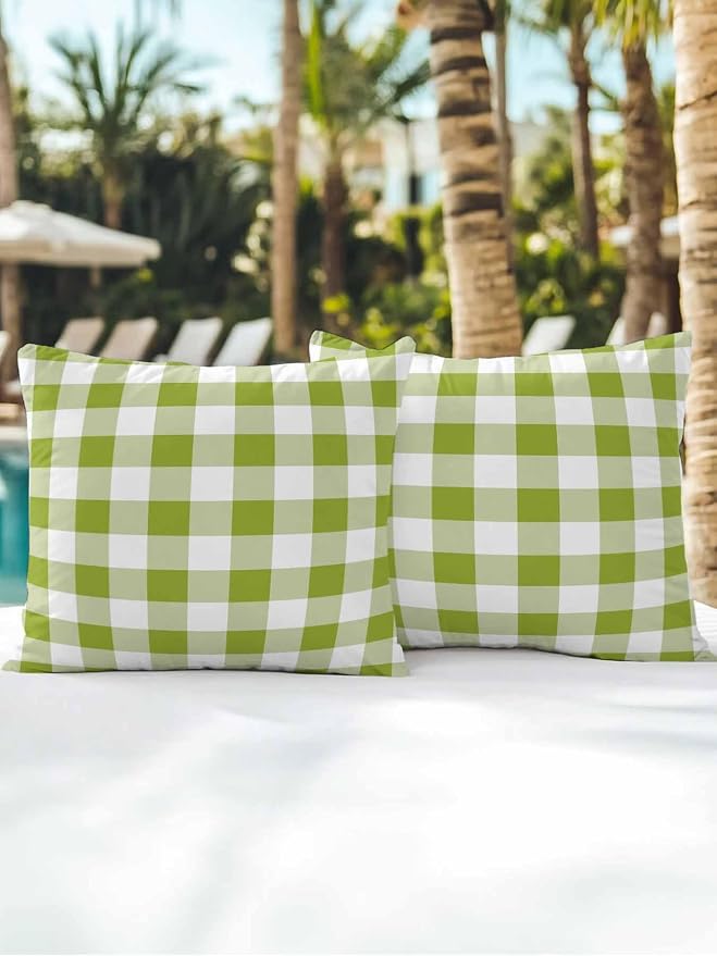 Waterproof Outdoor Pillow Set of 2 Avocado Green Buffalo Plaid Decorative Throw Pillows Cover & Insert 18x18 Inch Pillowcase Check Lines Pillows for Couch Sofa Bed Patio Furniture Indoor Outdoor