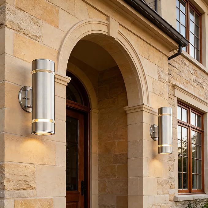 13" Stainless Steel Modern Outdoor Wall Sconce Cylinder Porch Light | E26 Base,UL listed,Brushed Nickel Up and Down Lights Outdoor Exterior Lighting Fixture for House Garage Patio Porch Garden