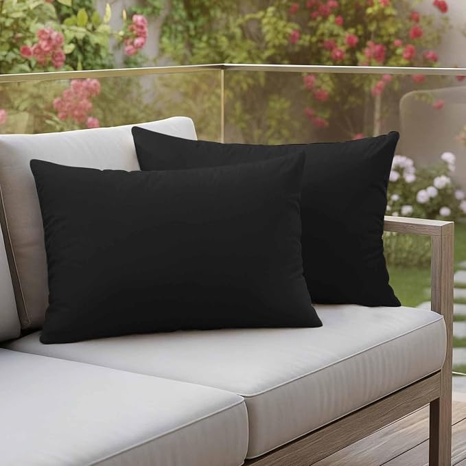 Lumbar Pillow Covers 12 x 20 Inches, Black Pure Color Waterproof Throw Pillow Cover Set of 2, Aesthetics Contemporary Luxury Decorative Rectangle Cushion Covers for Patio/Couch/Garden