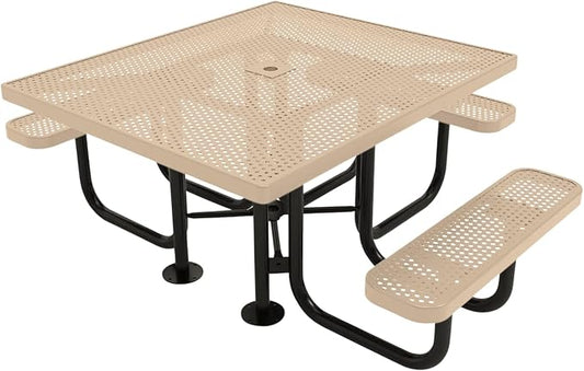 COATEDOUTDOORFURNITURE Coated Outdoor Furniture Heavy-Duty Portable ADA-Compliant Outdoor Picnic Table with Umbrella Hole, Punched Steel Patio Dining Furniture Made in America (46" Square Top, Tan)