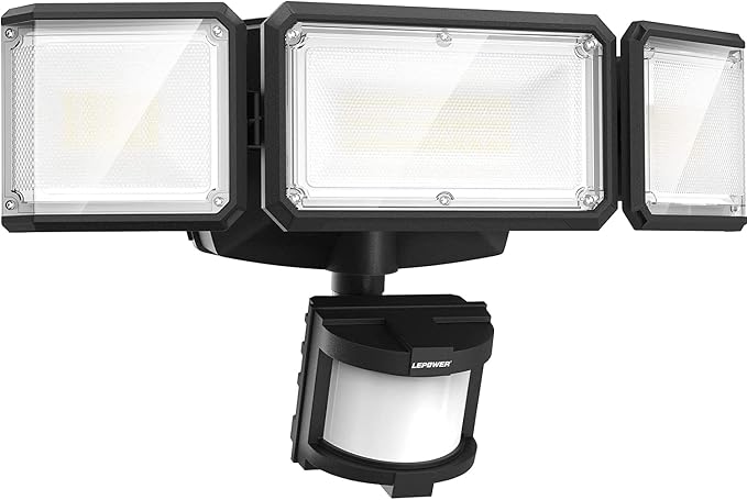 LEPOWER 1500LM Battery Powered Outdoor LED Flood Light with Motion Sensor | IP65 Waterproof, Wireless Battery Operated Security Lights, 3 Head Motion Detector Light for Garage,Yard,Porch,Driveway-Black