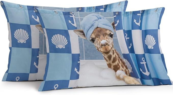 Bathing Giraffe Waterproof Outdoor Pillow Covers Set of 2 Home Decor, Funny Animal Showering Lumbar Pillowcase Patio Pillow Covers for Couch Bench Patio Furniture Garden 20x12in