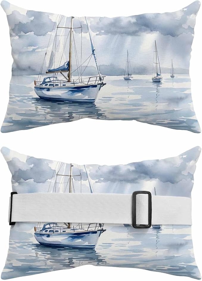 Outdoor Lumbar Pillow Set of 1, Nautical Sailboat Waterproof Beach Headrest Pillow with Inserts, Blue Grey Watercolor Coastal Waves Cloud Recliner Throw Pillows for Patio Furniture, 11 x 16