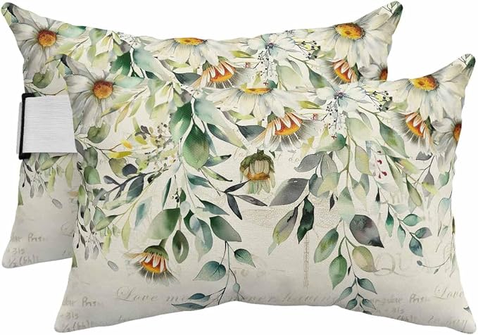 Lumbar Pillow Covers Set of 2, White Daisy Waterproof Outdoor Chaise Lounge Pillow Covers with Elastic Strap, Spring Floral Eucalyptus Leaves Summer Botanical Headrest Pillowcase for Patio, 12 x 20