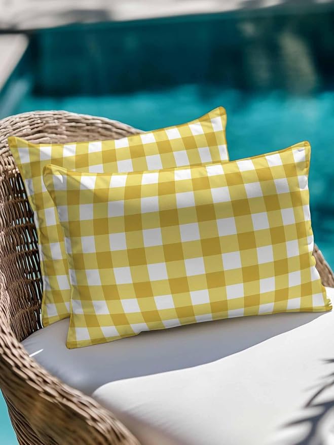 Waterproof Outdoor Pillow 1 Pack Yellow Buffalo Plaid Decorative Throw Pillows Cover & Insert 20x12 Inch Lumbar Pillowcase Check Lines Pillows for Couch Sofa Bed Patio Furniture Indoor Outdoor