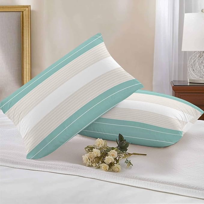 Turquoise Beige Stripe Outdoor Pillow Covers Waterproof, All Weather Cushion Case Set of 2, Modern Art Horizontal Striped Lumbar Pillowcase for Sofa Couch Bed Decor Patio Furniture 20"x12"