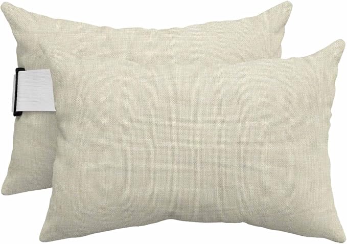 Outdoor Lumbar Pillow Set of 2, Beige Waterproof Beach Headrest Pillow with Inserts, Modern Minimalist Linen Pure Color Recliner Throw Pillows for Patio Furniture, 12 x 20