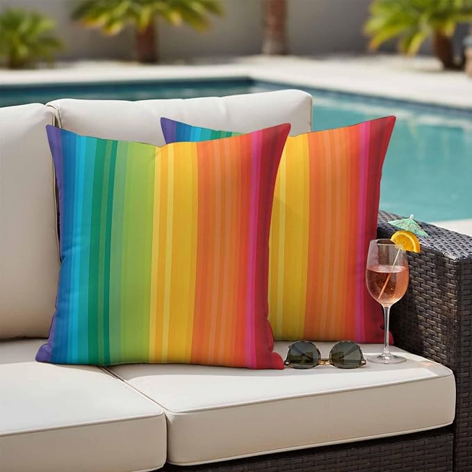 Colorful Stripes Rainbow Outdoor Pillow Covers 18x18in Pack of 2 Waterproof Pillowcase Watercolor Line Minimalist Geometric Decorative Throw Cushion Case for Patio Couch Sofa