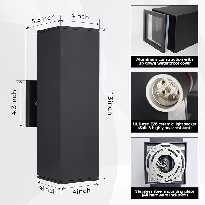 13" Black Square Outdoor Light Fixture,Up and Down Lights Outdoor | E26 Base,ETL listed,Aluminum Modern Outdoor Wall Lights Porch Light Exterior Lighting Fixtures for House Garage Patio Garden