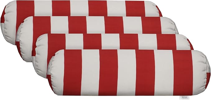 RSH Décor Neck Roll Bolster Pillows – Set of 4 | 20” x 6” | Outdoor Throw Pillows for Patio Furniture, Porch, Deck, or Poolside Chairs | Water & Fade-Resistant | Red & White Stripe