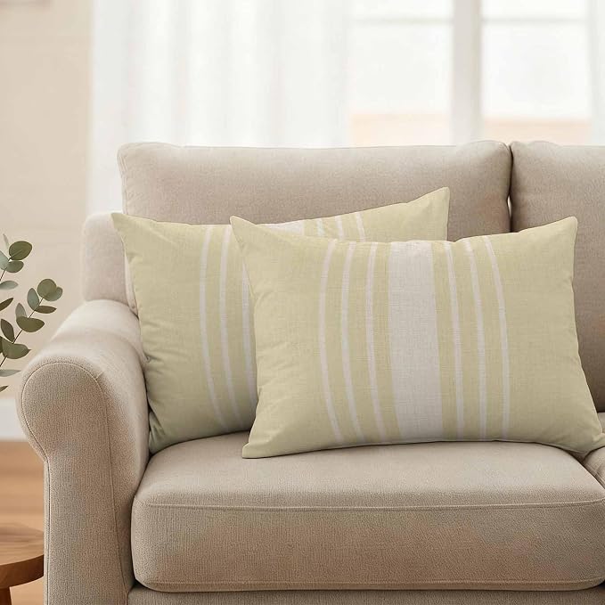 Lumbar Pillow Covers 20x12 Inch Set of 2, Cream Beige Striped Waterproof Outdoor Cushion Covers, Modern Farmhouse Retro Lines Decorative Pillowcases for Couch, Sofa, Bed, Garden, Patio